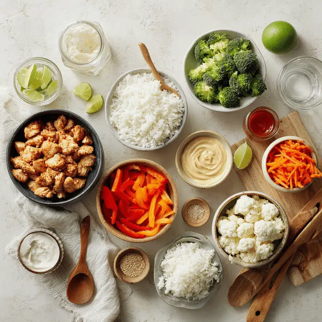 Ingredients for Bang Bang Chicken Bowl: cooked chicken, rice or cauliflower rice, chopped vegetables, sriracha mayonnaise-based sauce, lime and seasonings
