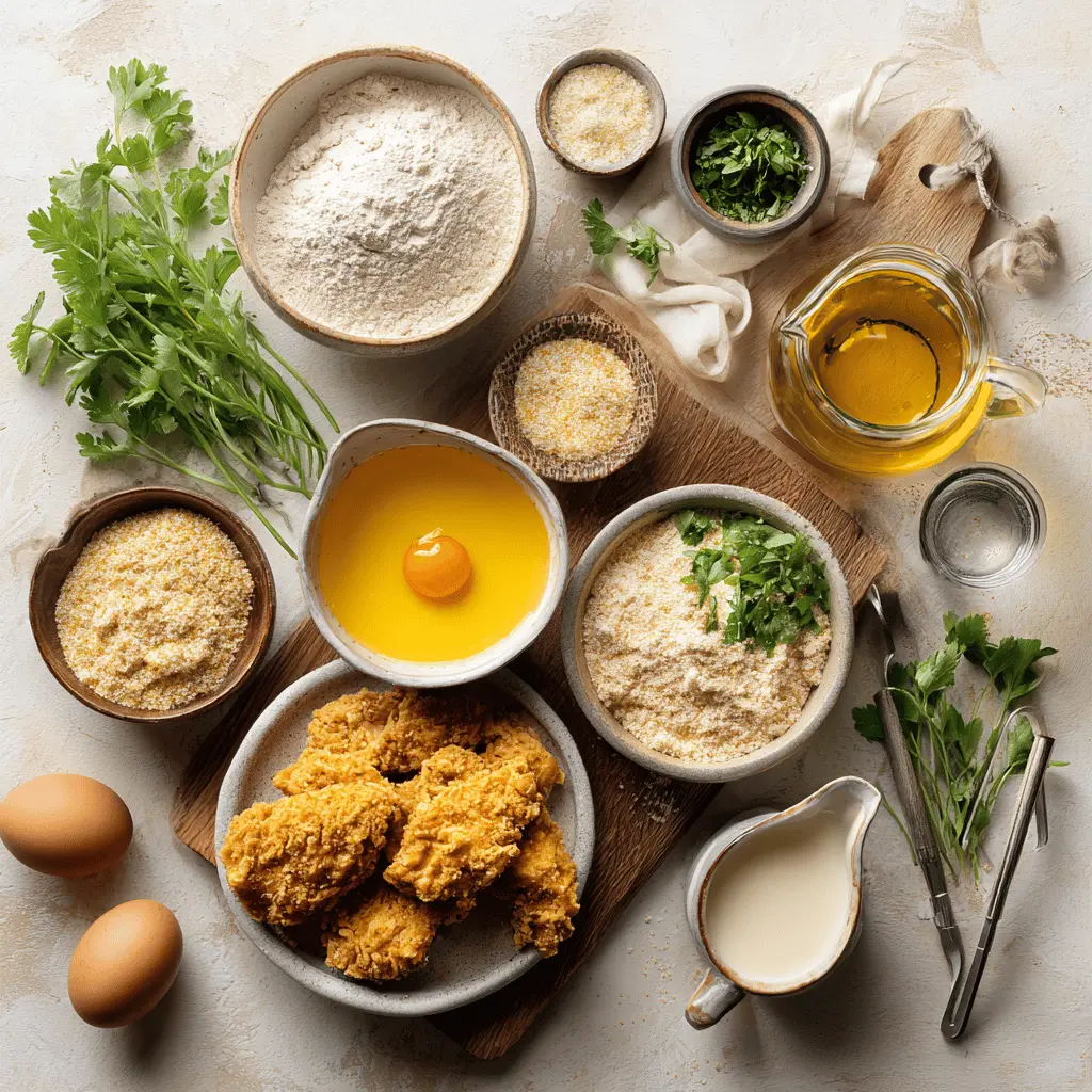 Ingredients for Bang Bang Chicken recipe including chicken tenderloins, mayonnaise, Thai sweet chili sauce, panko breadcrumbs, and herbs on a white cloth