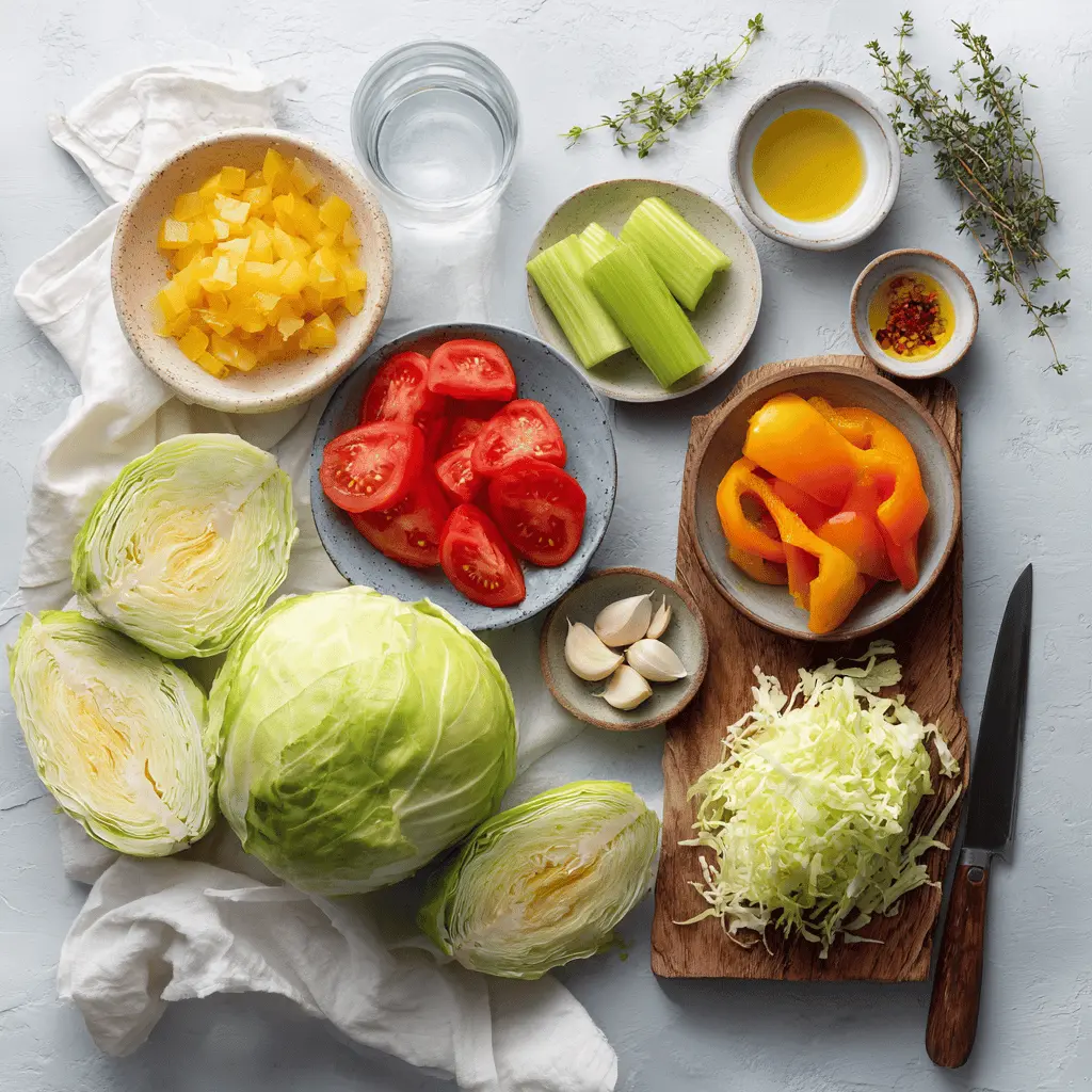 Overhead view of hearty cabbage soup in a white bowl with beef broth, peppers and tomatoes on a rustic table