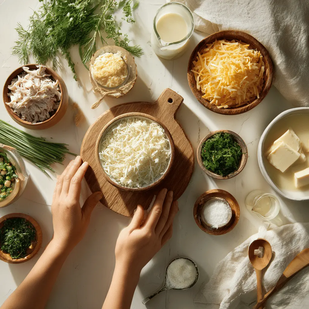 Ingredients for Chicken Cobbler recipe showing biscuit mix, shredded chicken, broth, cream soup, cheddar, and herbs