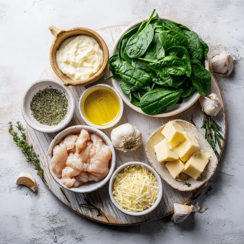 Chicken Florentine Recipe for Creamy, Flavorful Dinners 2 Ingredients for Chicken Florentine Recipe including chicken breasts, spinach, garlic, cream, and Parmesan