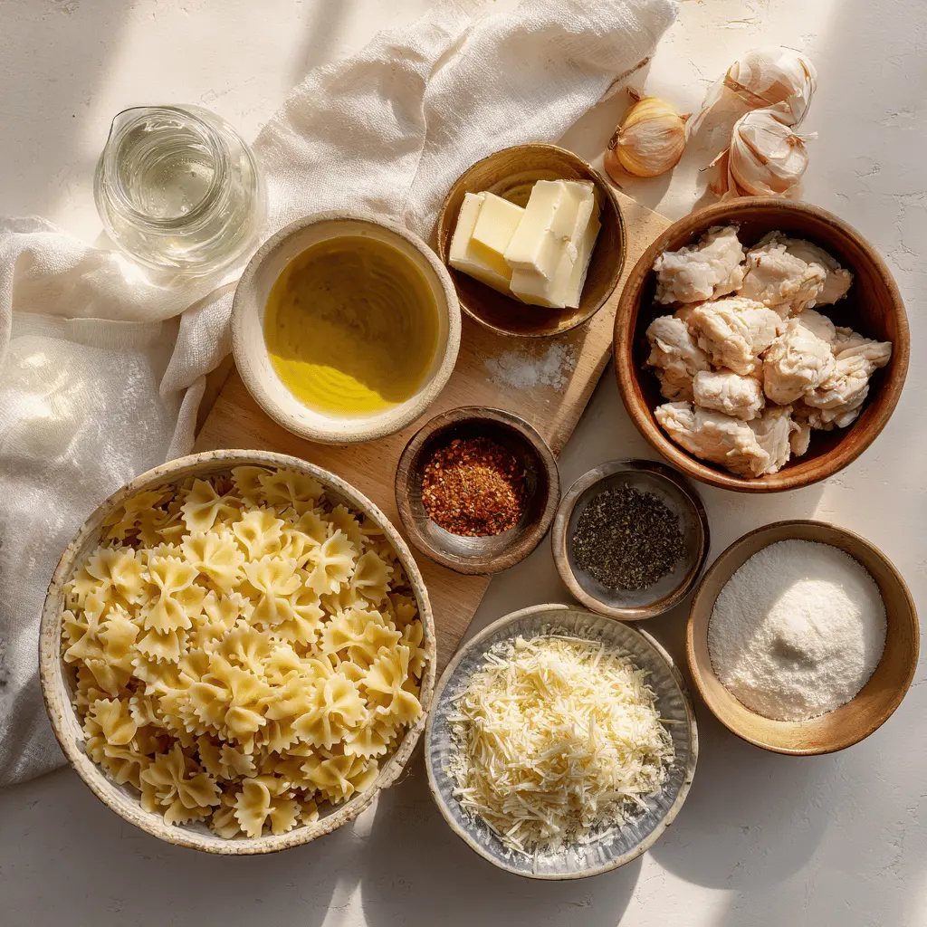 Overhead view of ingredients for Chicken Garlic Parmesan Pasta including raw chicken, garlic cloves, farfalle pasta, parmesan cheese, and spices