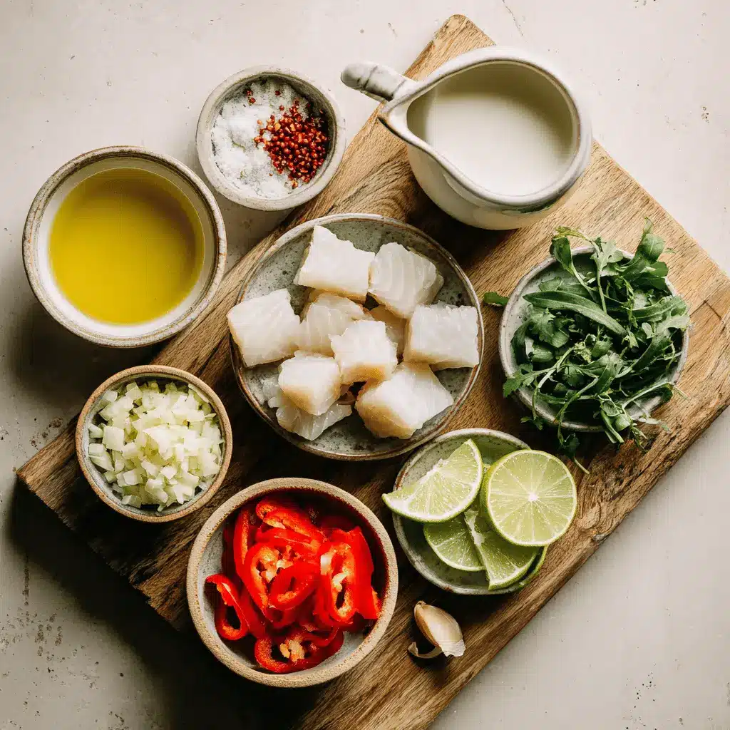 Coconut Lime Fish Soup Recipe for a Fresh and Zesty Meal 2 Fresh ingredients for coconut lime fish soup including white fish, lime, ginger, coconut milk, and herbs displayed on a white napkin