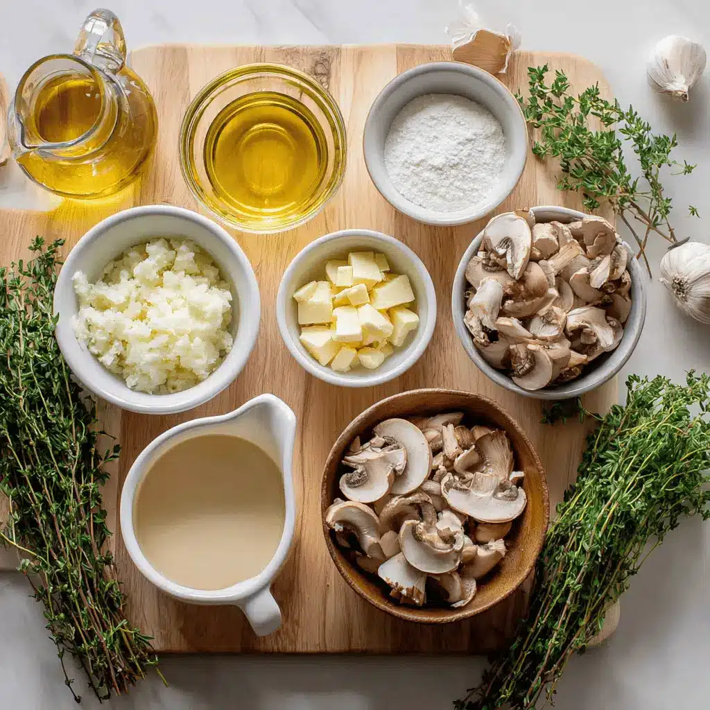 Ingredients for Cream Of Mushroom Soup including fresh cremini, shiitake mushrooms, onions, garlic, butter, flour, and cream arranged on a rustic kitchen table
