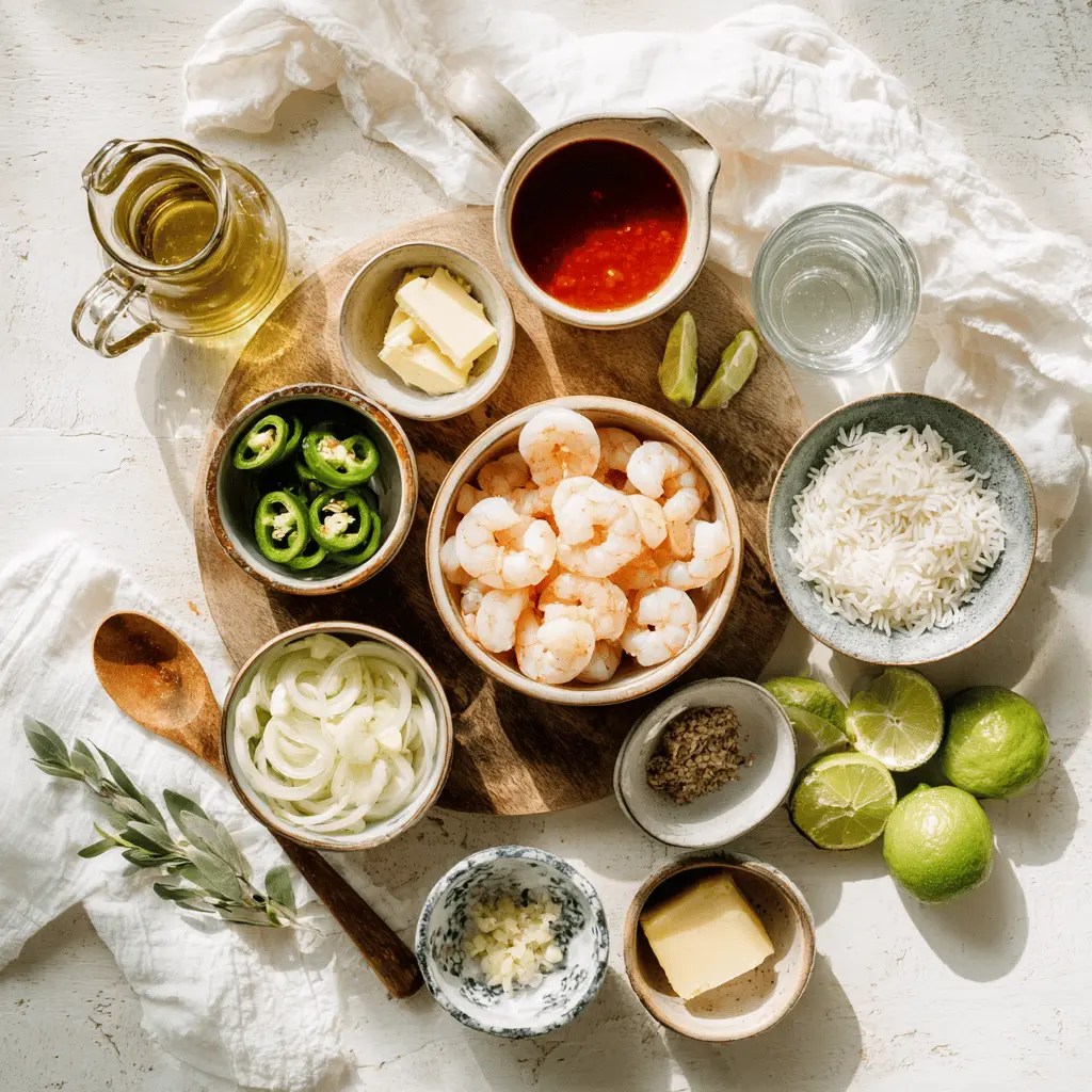 Ingredients arranged for Creamy Spicy Jalapeño Shrimp Soup including fresh shrimp, jalapeños, garlic, tomato sauce, herbs, and cream