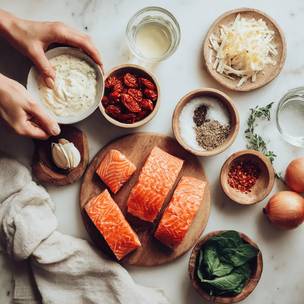 Overhead shot of ingredients for creamy Tuscan salmon including fresh salmon fillets, sun dried tomatoes, spinach, Parmesan, and cream