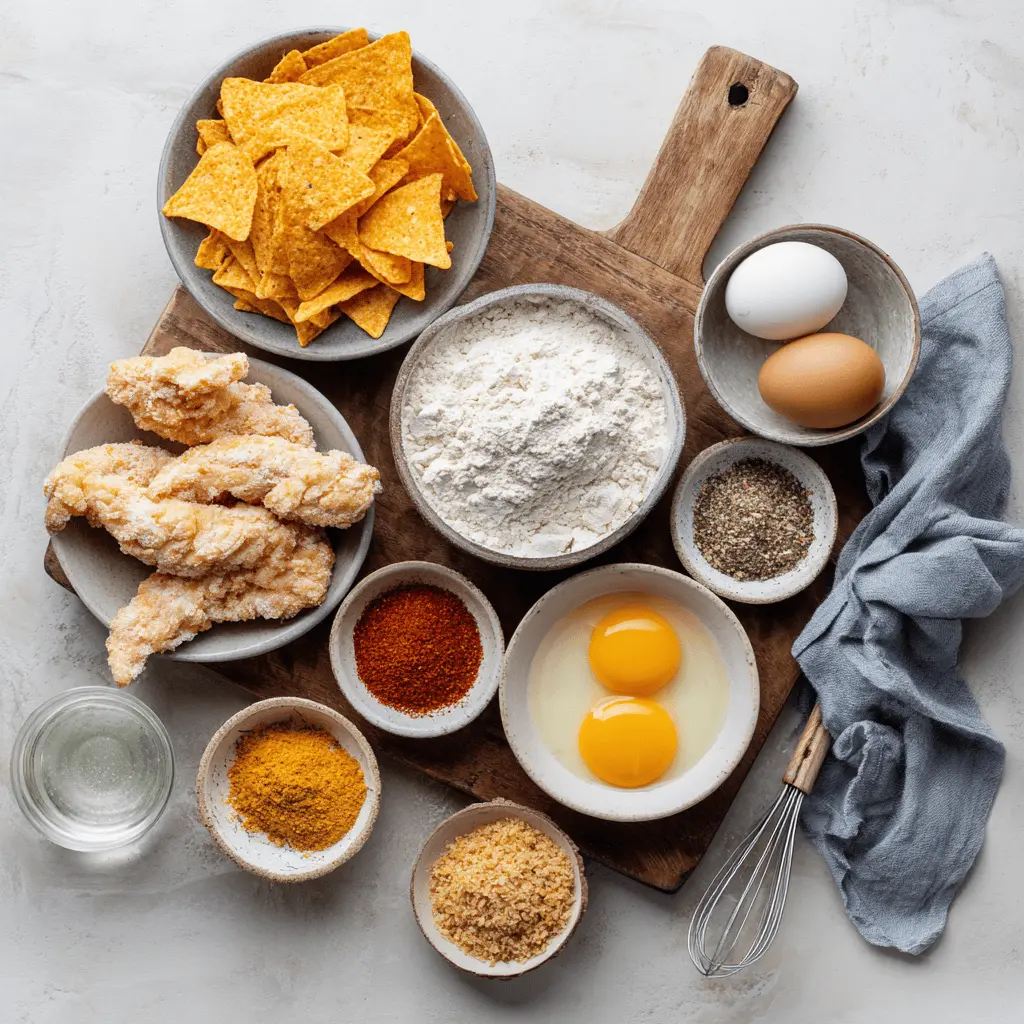 Ingredients for Dorito Chicken Tenders: crispy Dorito coating, chicken tenders, spices on counter