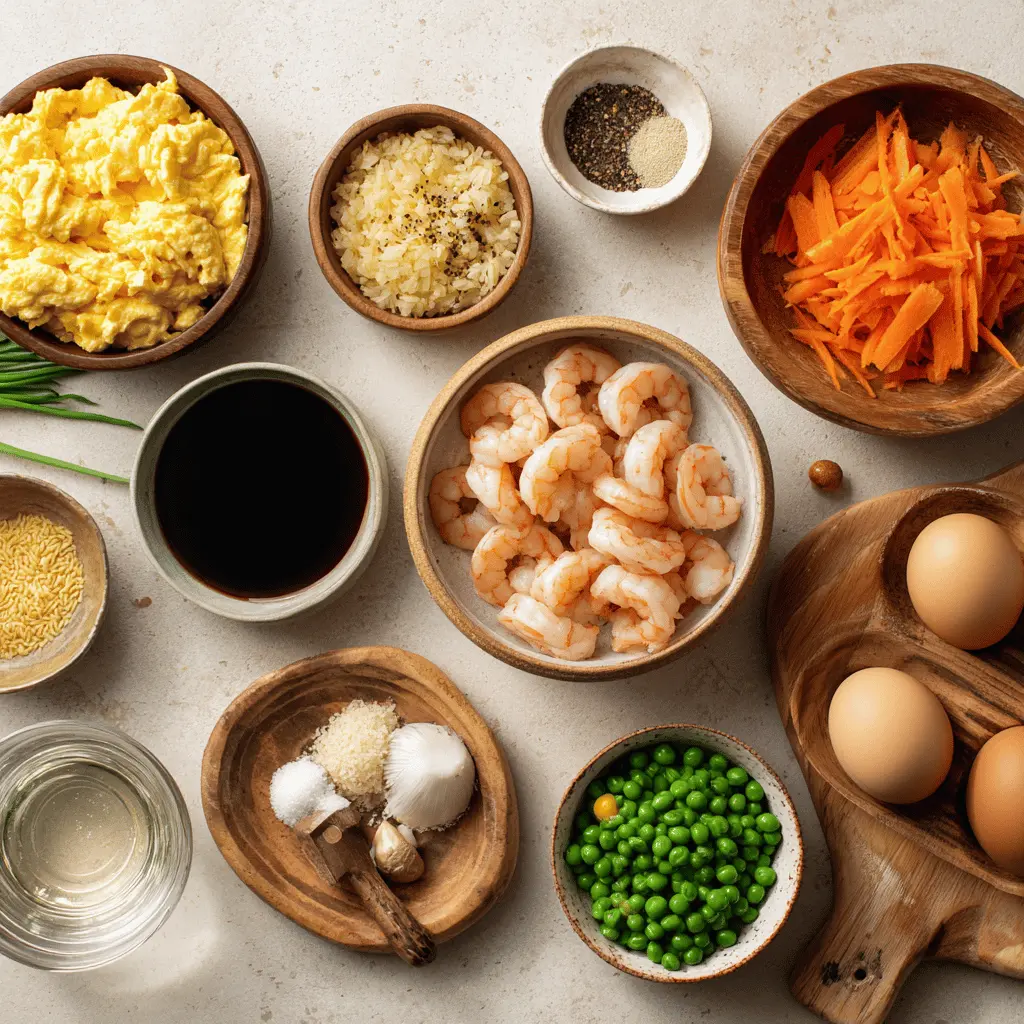 Overhead shot of easy shrimp fried rice ingredients including cooked rice, raw shrimp, eggs, soy sauce, and frozen peas and carrots on a wooden surface