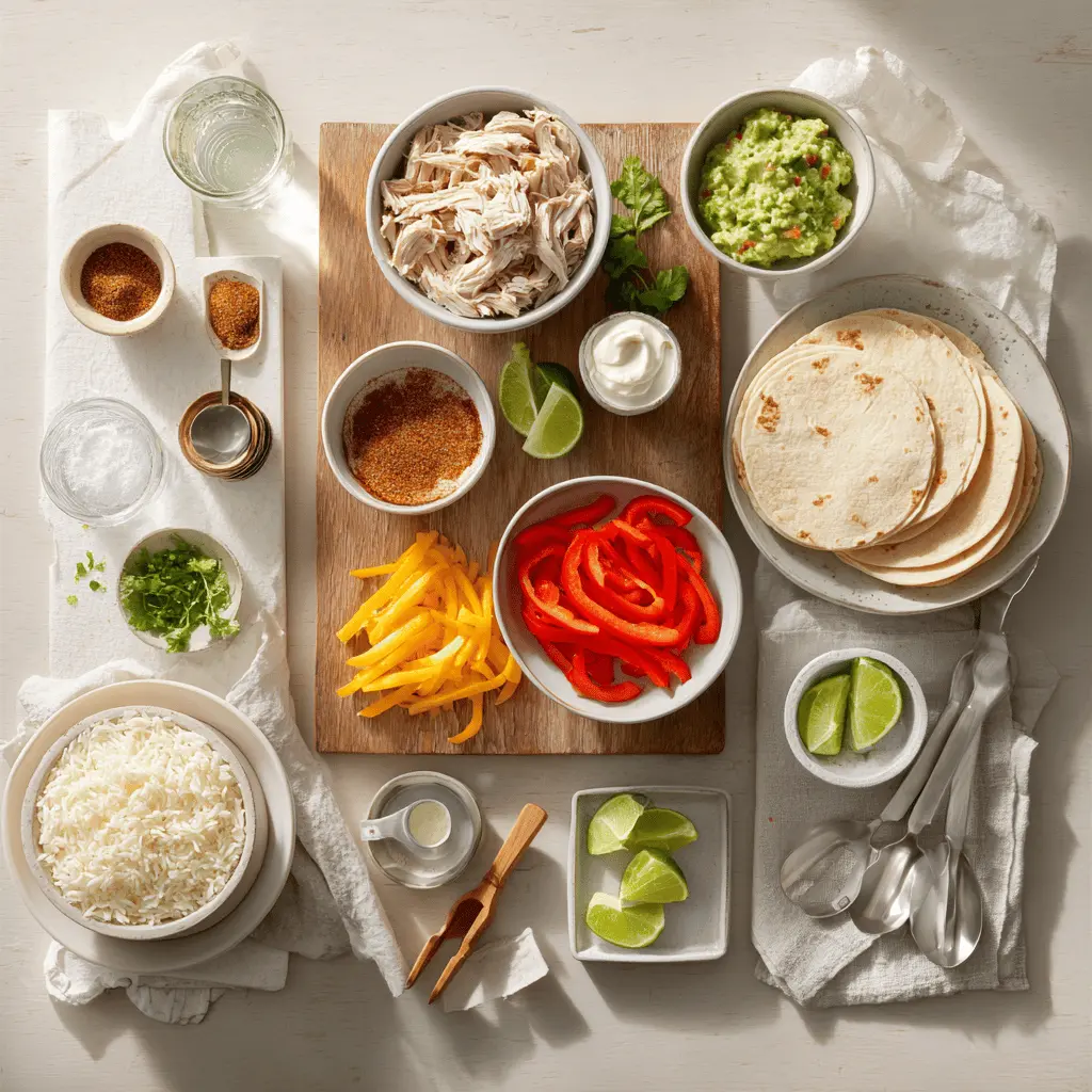 Ingredients for Easy Slow Cooker Chicken Fajitas including sliced bell peppers, onions, chicken breasts, lime, and guacamole
