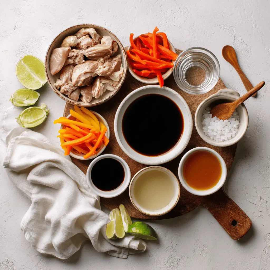 Ingredients for Easy Thai Chicken Soup Recipe featuring coconut milk, sliced chicken, carrots, bell peppers, garlic, lime, ginger