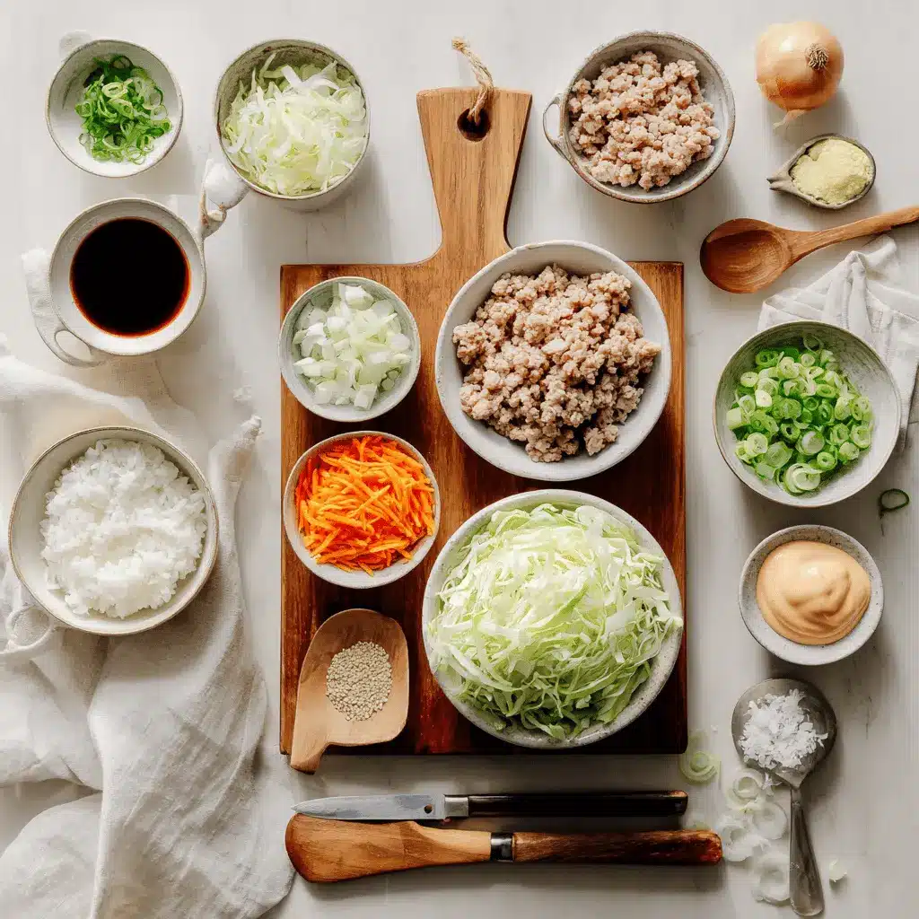 Keto-friendly ingredients including ground turkey, shredded cabbage, soy sauce, garlic and sesame oil for Egg Roll in a Bowl One Skillet Keto