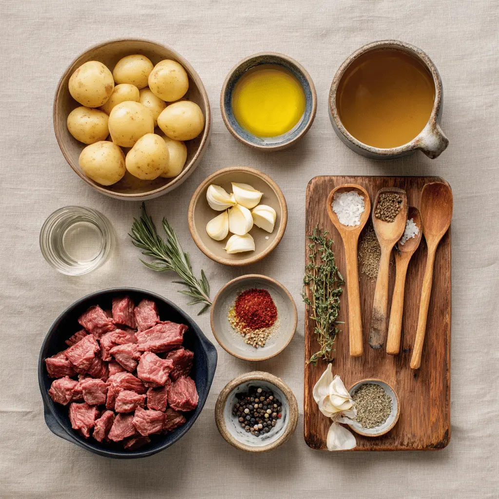 Ingredients for Garlic Butter Beef Bites Potatoes including Yukon gold potatoes, steak pieces, garlic cloves, butter, herbs, and seasonings arranged on a white surface