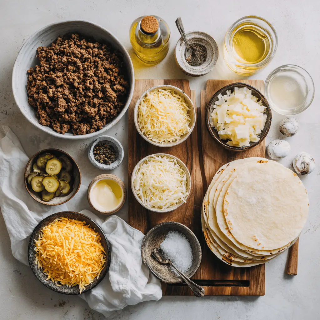 Ingredients for Garlic Butter Beef Cheeseburger Rollups: cooked ground beef, shredded cheddar and mozzarella cheese, garlic butter, large flour tortillas