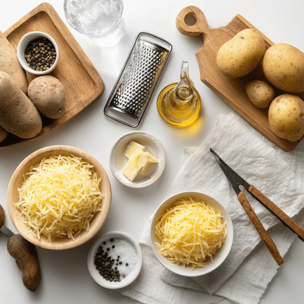 Raw ingredients for air fryer hash browns including russet potatoes, onion powder, garlic powder, and seasoning in prep bowls on a wooden surface