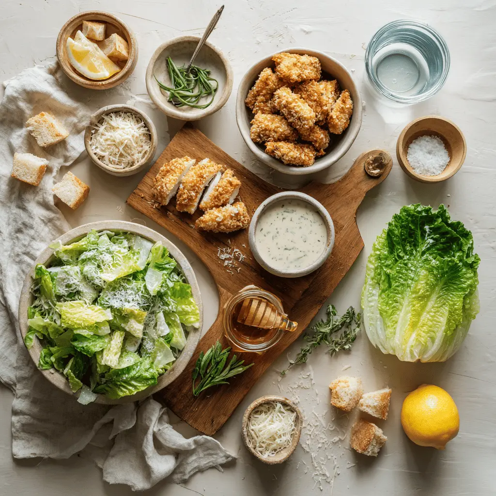 Ingredients for Healthy Chicken Caesar Salad including panko chicken, romaine lettuce, Greek yogurt dressing, garlic, and lemon