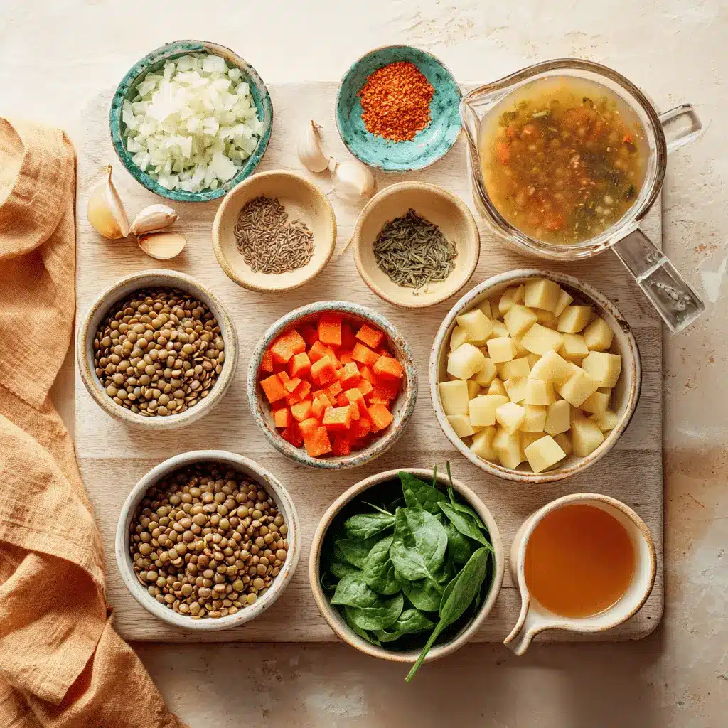 Bowl of Hearty Lentil and Potato Soup garnished with herbs and served fresh