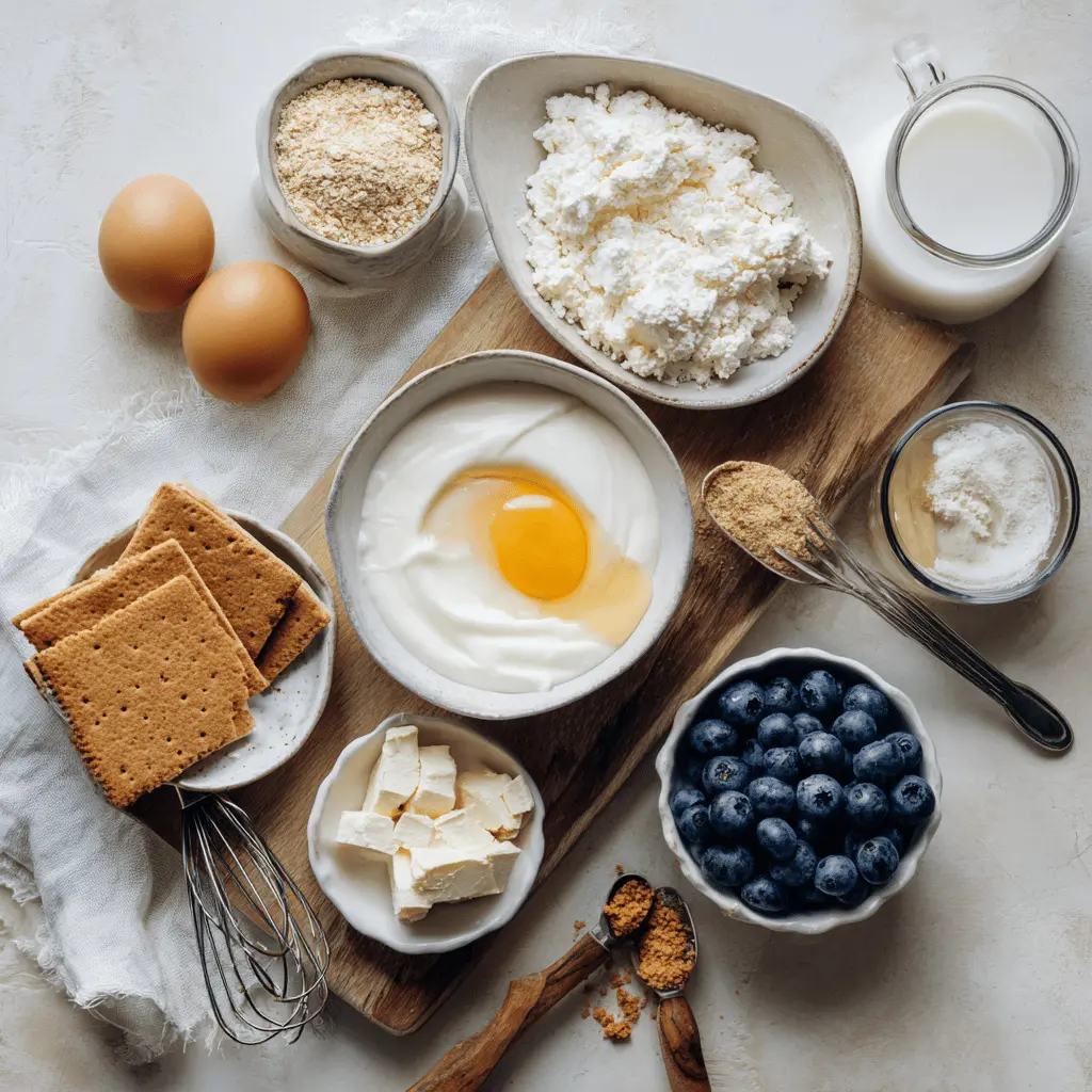 Ingredients for High Protein Blueberry Cottage Cheese Bake including cottage cheese, blueberries, oats, eggs, vanilla protein powder, and lemon zest on a white countertop