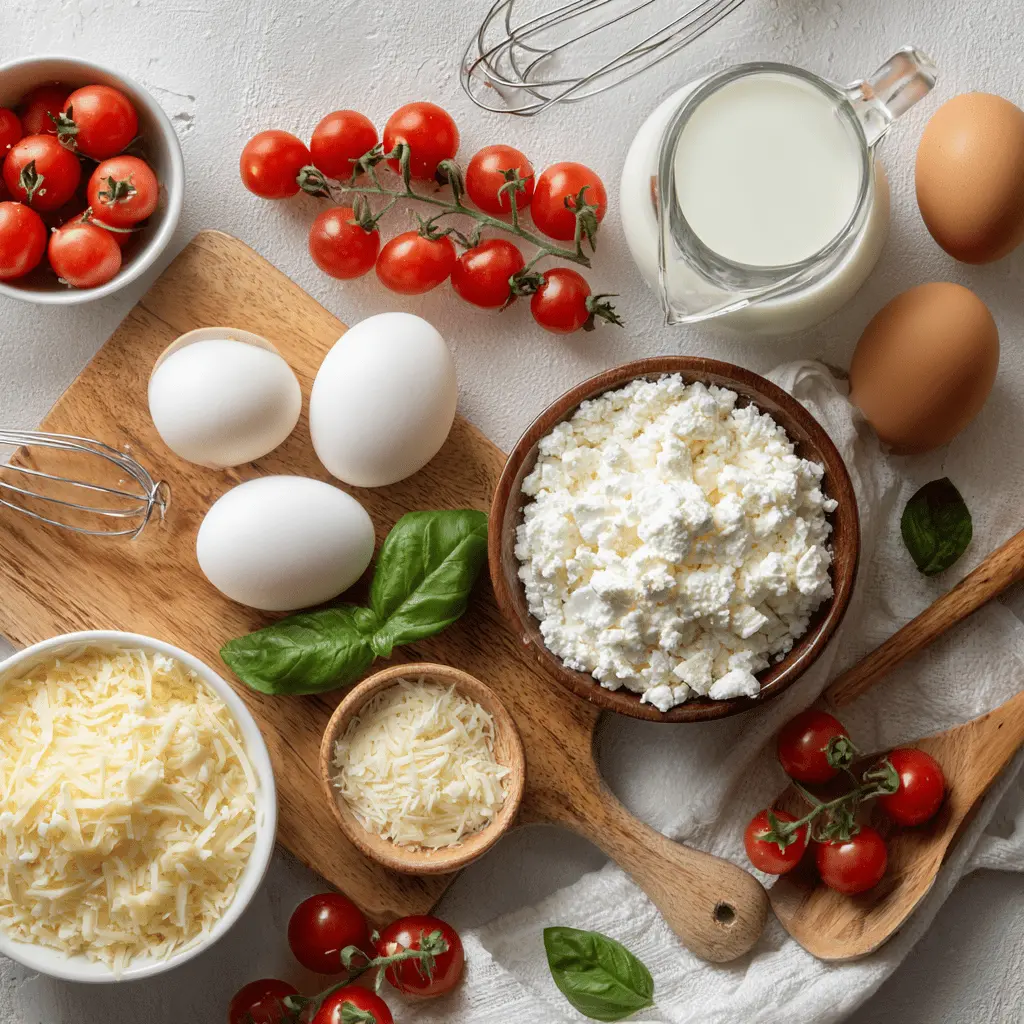 Ingredients for high protein egg casserole including eggs, turkey sausage, and cottage cheese, surrounded by cherry tomatoes and fresh basil