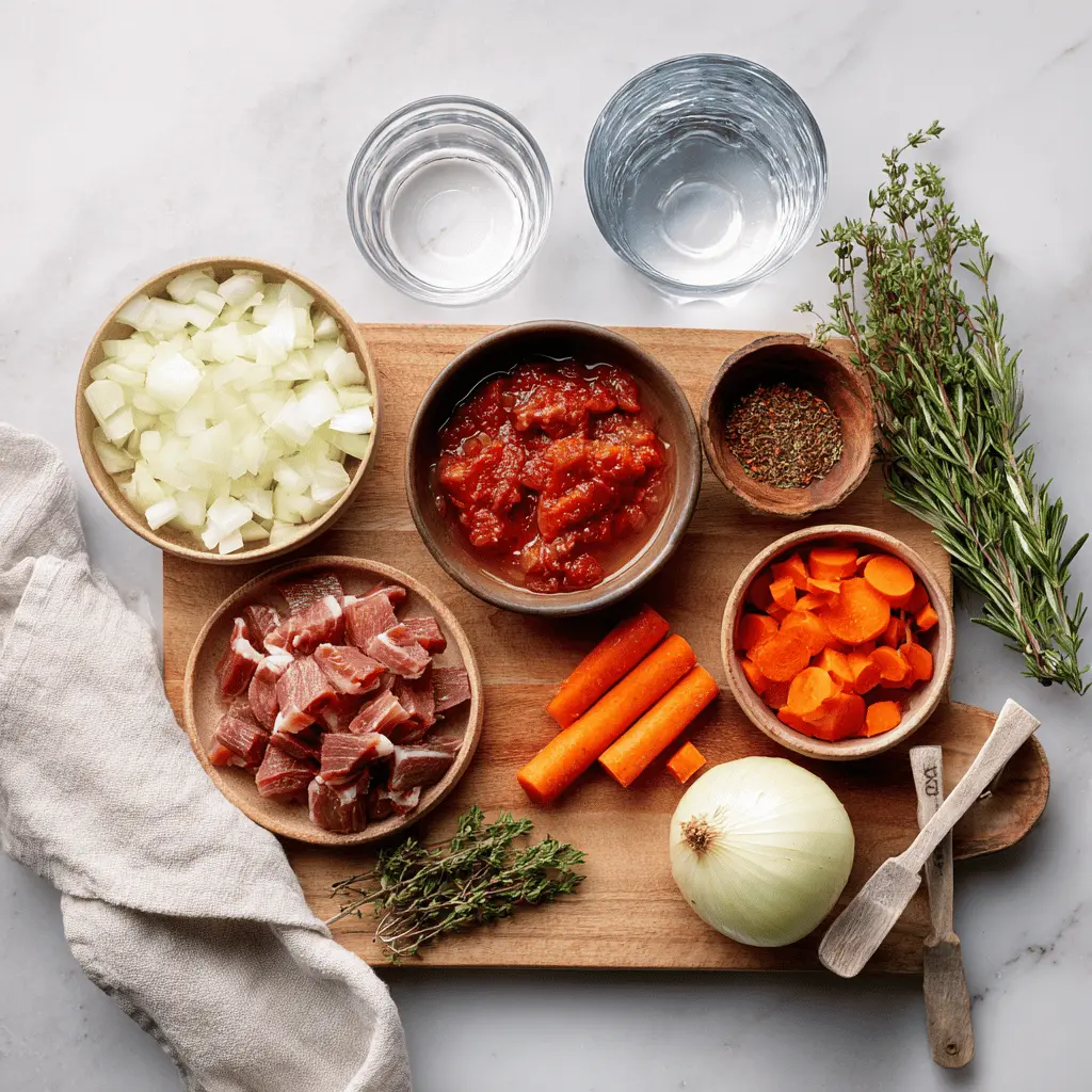 Ingredients for Italian Pot Roast Stracotto including beef chuck, celery, tomatoes, red wine, and herbs on kitchen counter