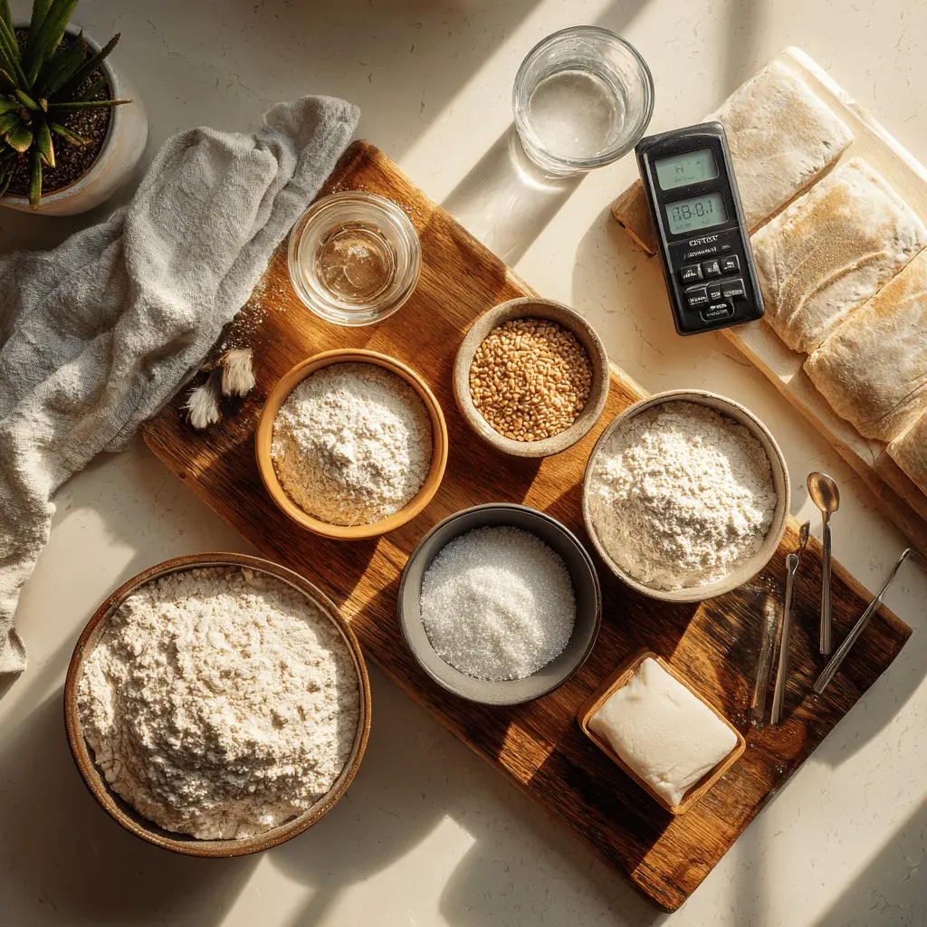 Low FODMAP sourdough bread ingredients including spelt flour, bread flour, water, salt, and a bubbly starter displayed on a white napkin next to a glass of water