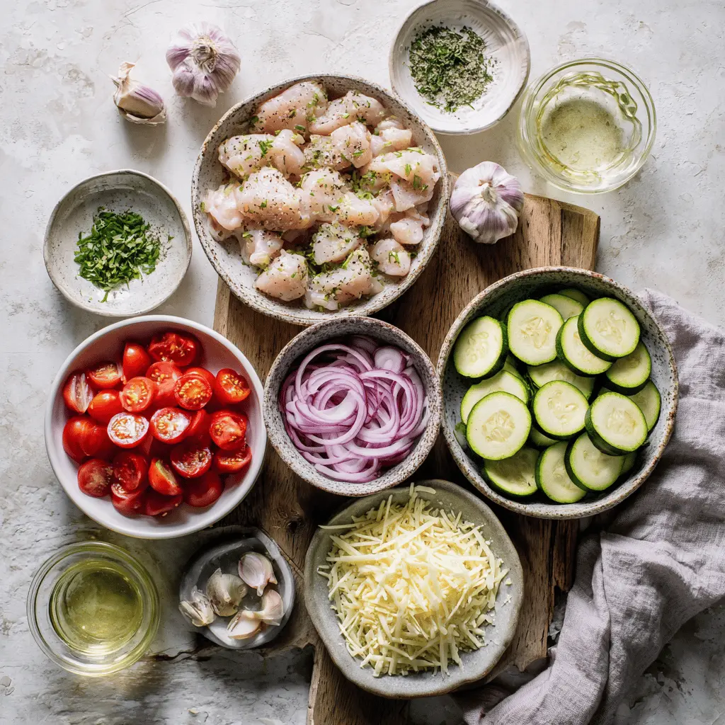 Close-up of Mediterranean Chicken Zucchini Bake with golden cheese, sliced zucchini, cherry tomatoes, red onion, and fresh herbs in a baking dish