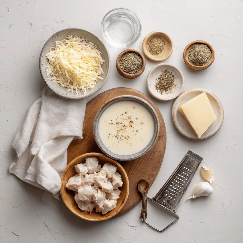 Flat lay photo of ingredients for Melt In Your Mouth Chicken Breast, including chicken breasts, sour cream, Parmesan cheese, garlic powder, and seasoning, arranged on a wooden cutting board