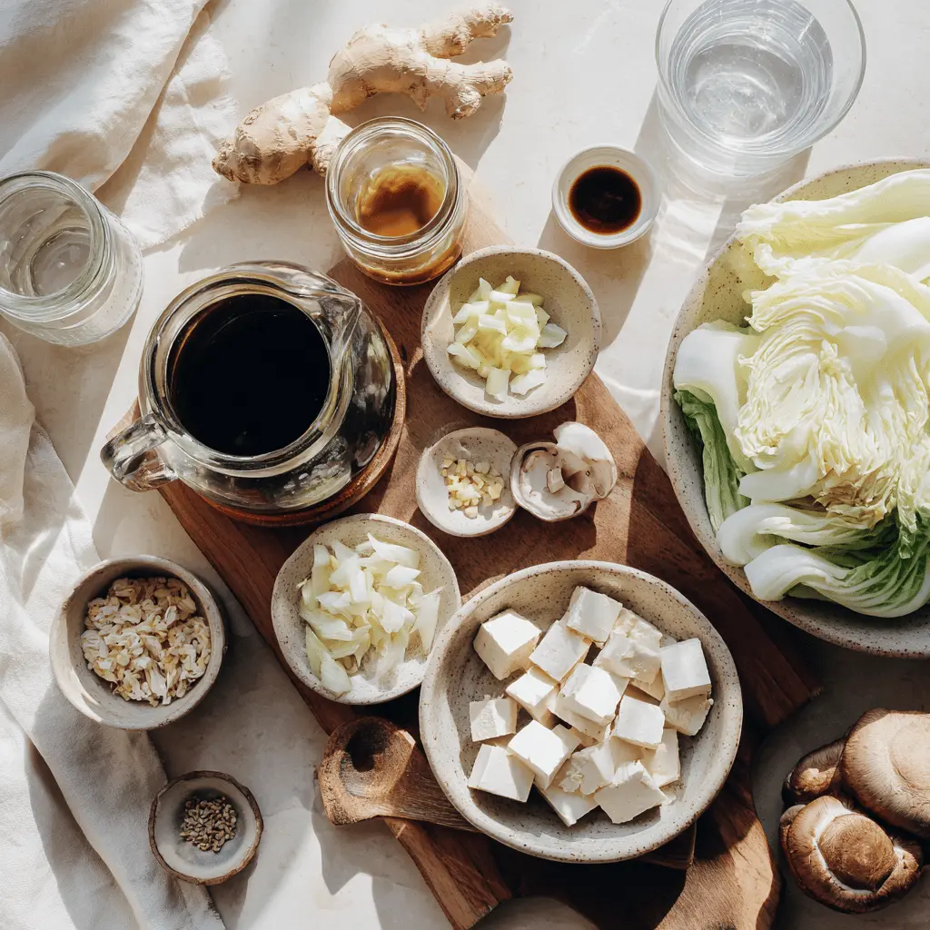 Ingredients arranged for Napa Cabbage Tofu Soup including tofu, napa cabbage, garlic, ginger and soy sauce