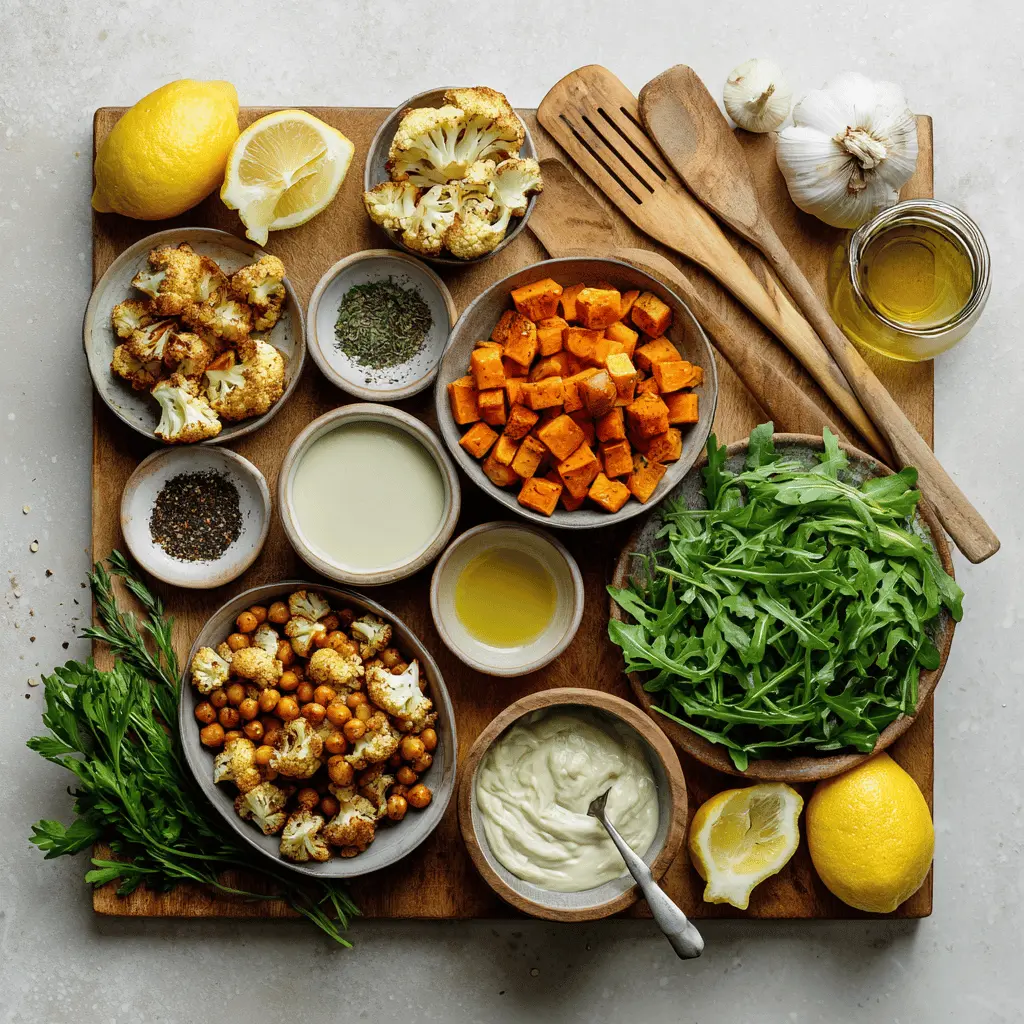 Ingredients for a Nourish Bowl Recipe including cauliflower, carrots, sweet potatoes, and tahini yogurt dressing