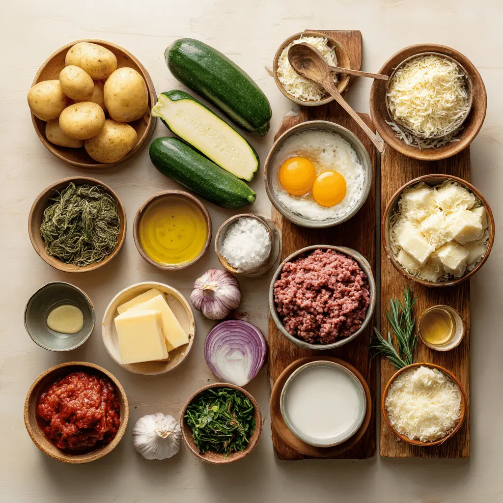 Ingredients for Greek Moussaka including eggplant, potatoes, beef mince, and béchamel sauce in a clean white setting