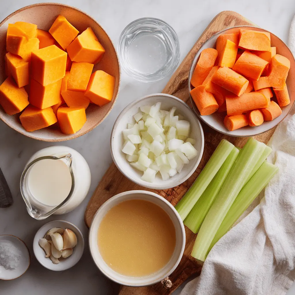 Ingredients for Pumpkin Soup Simple and Comforting including pumpkin, coconut milk, and spices on a cutting board