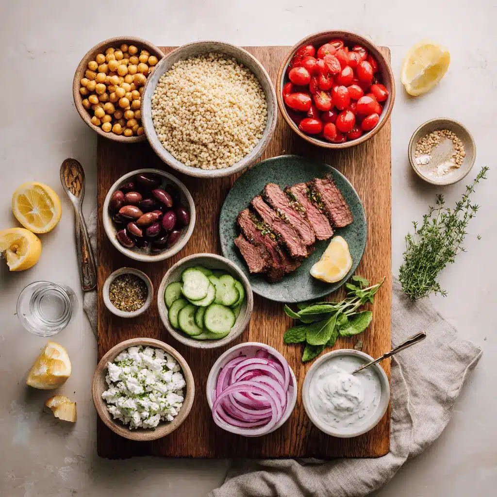 Ingredients for Quick Easy Mediterranean Steak Bowl Recipe including sliced sirloin steak, chickpeas, feta cheese, cucumbers, cherry tomatoes, and tzatziki sauce