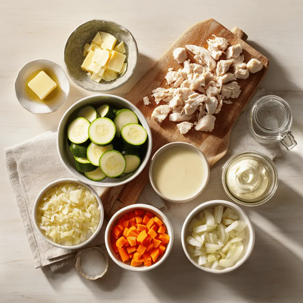 Ingredients for Quick Rotisserie Chicken Zucchini Casserole including rotisserie chicken, chopped zucchini, stuffing mix, and spices on a kitchen counter