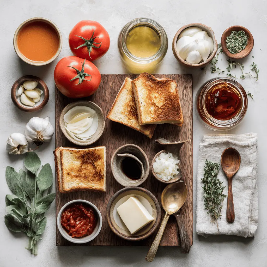 Ingredients for Roasted Tomato Soup with Tomatoes including fresh ripe tomatoes, garlic, onion, herbs and pantry staples on wooden surface