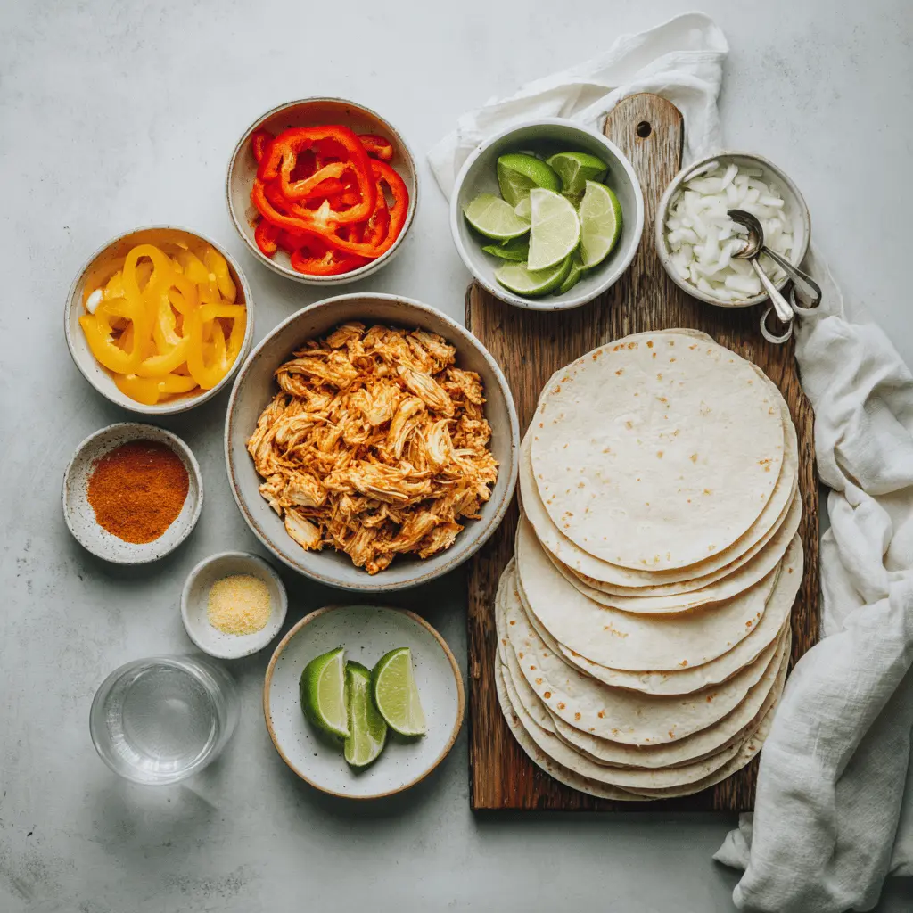 Ingredients for Slow Cooker Chicken Fajitas including chicken bell peppers onion and homemade fajita seasoning