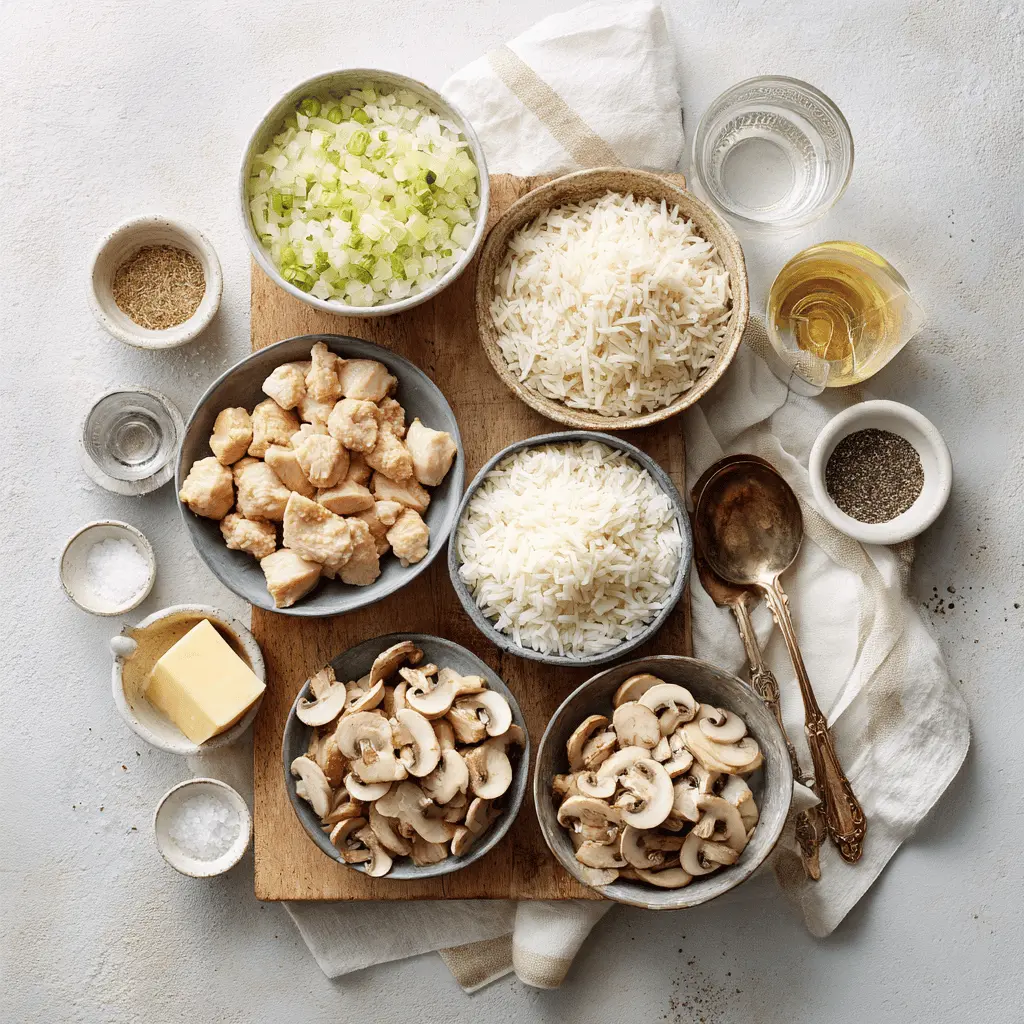 Ingredients for Slow Cooker Chicken Stew Recipe including chicken breasts, cream soups, carrots, potatoes, and rice on white table