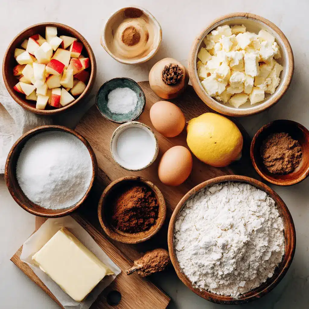 Ingredients for homemade sourdough discard apple bread, including peeled apples, brown sugar, cinnamon, and sourdough starter, all laid out on a wooden countertop.