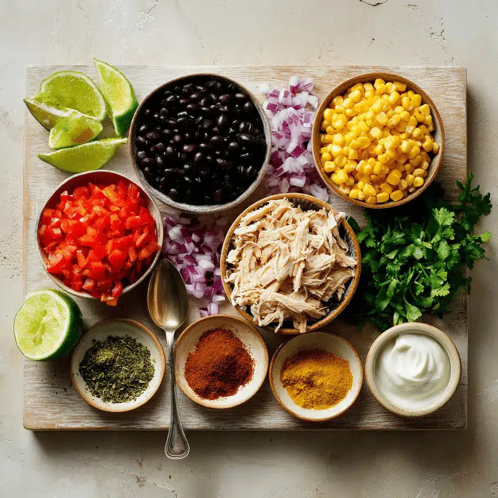 Southwestern Chicken Salad ingredients including grilled chicken, black beans, corn, creamy Greek yogurt, and fresh cilantro arranged on a rustic table.