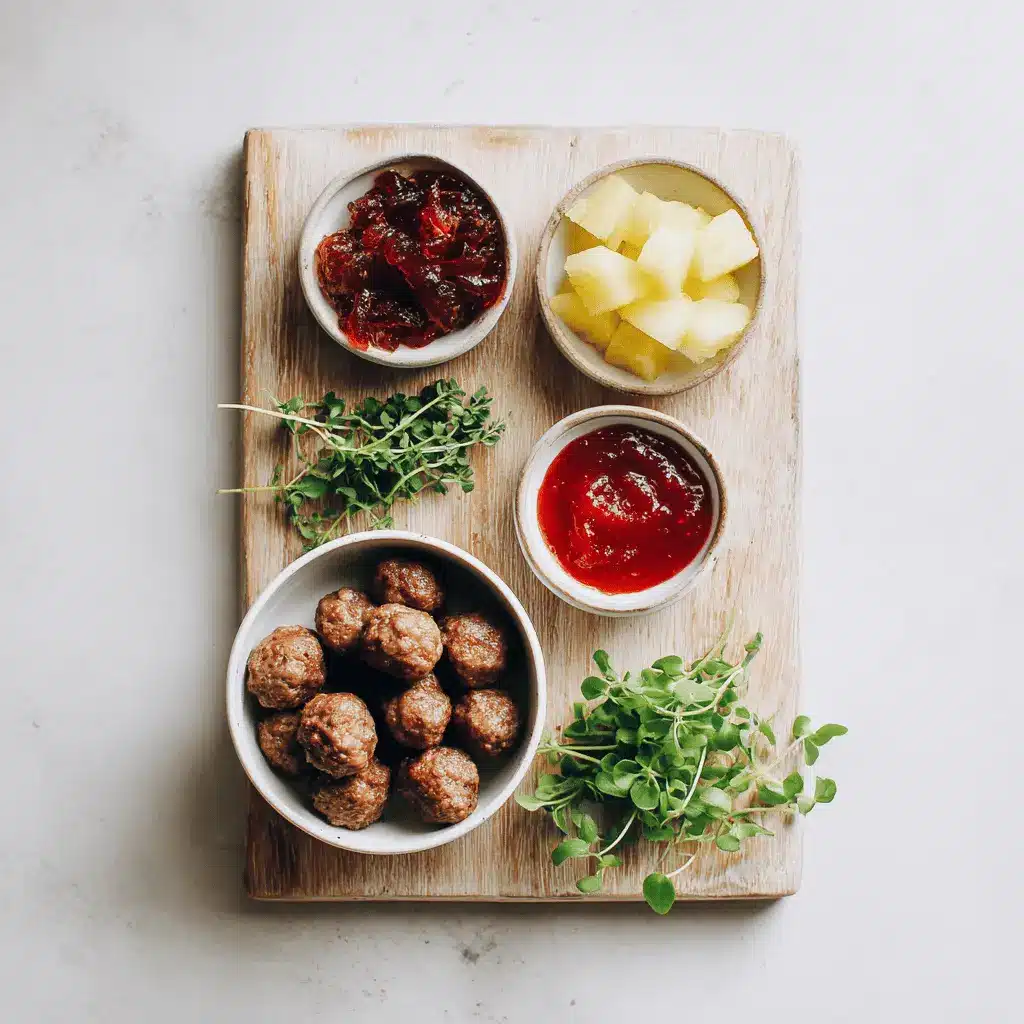 Overhead view of Sweet Chili Meatballs Crockpot with herbs, pineapple chunks, and water glass beside it