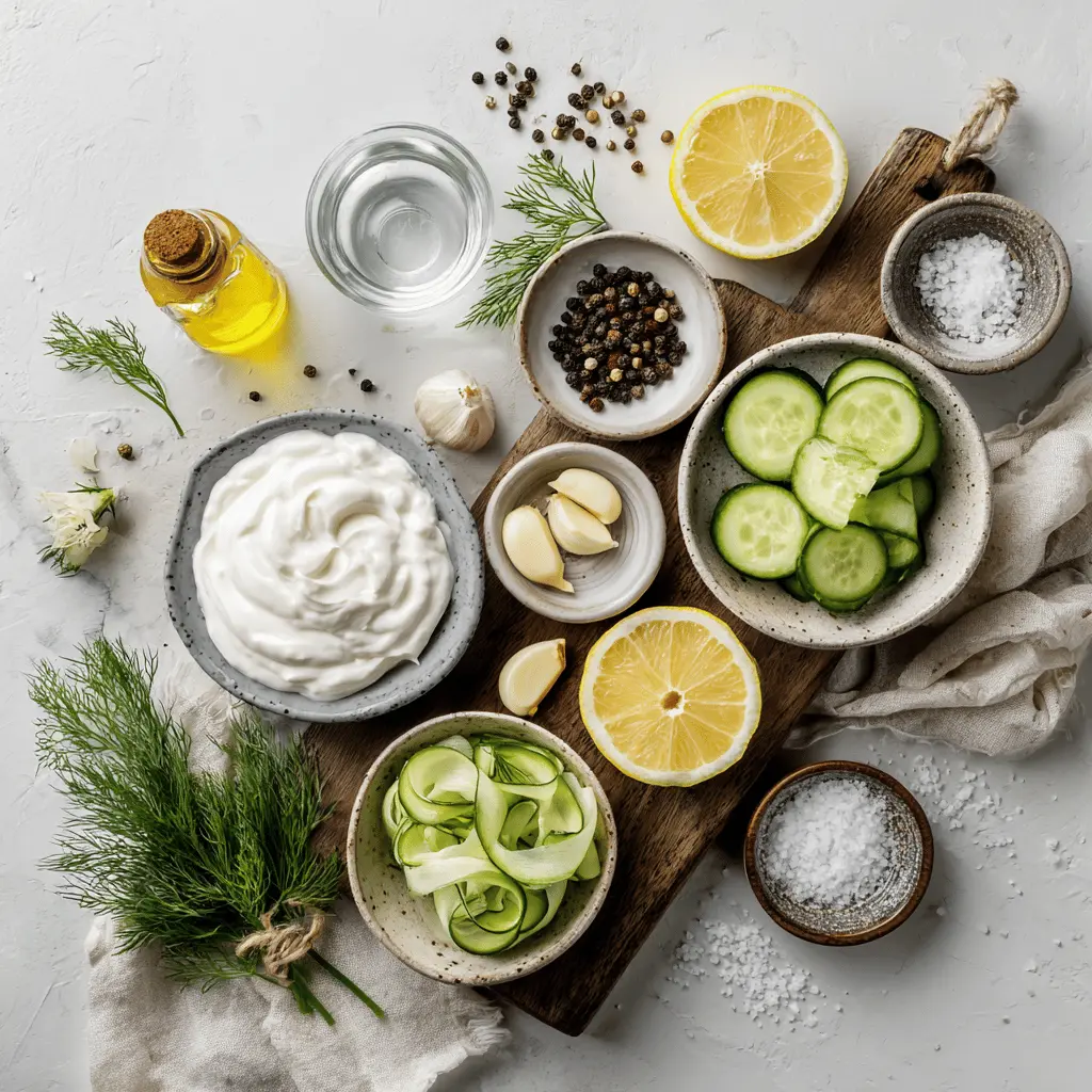 Vegan Tzatziki: Easy and Irresistible Recipe Guide 2 Ingredients for vegan tzatziki including coconut yogurt, grated cucumber, garlic, dill, lemon, and olive oil