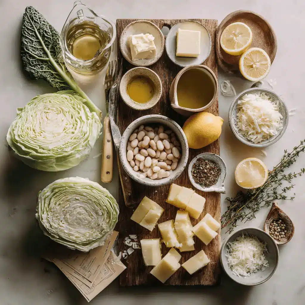 Ingredients for White Bean and Cabbage Soup with Potatoes, including leeks, cabbage, garlic, white beans, and gold potatoes