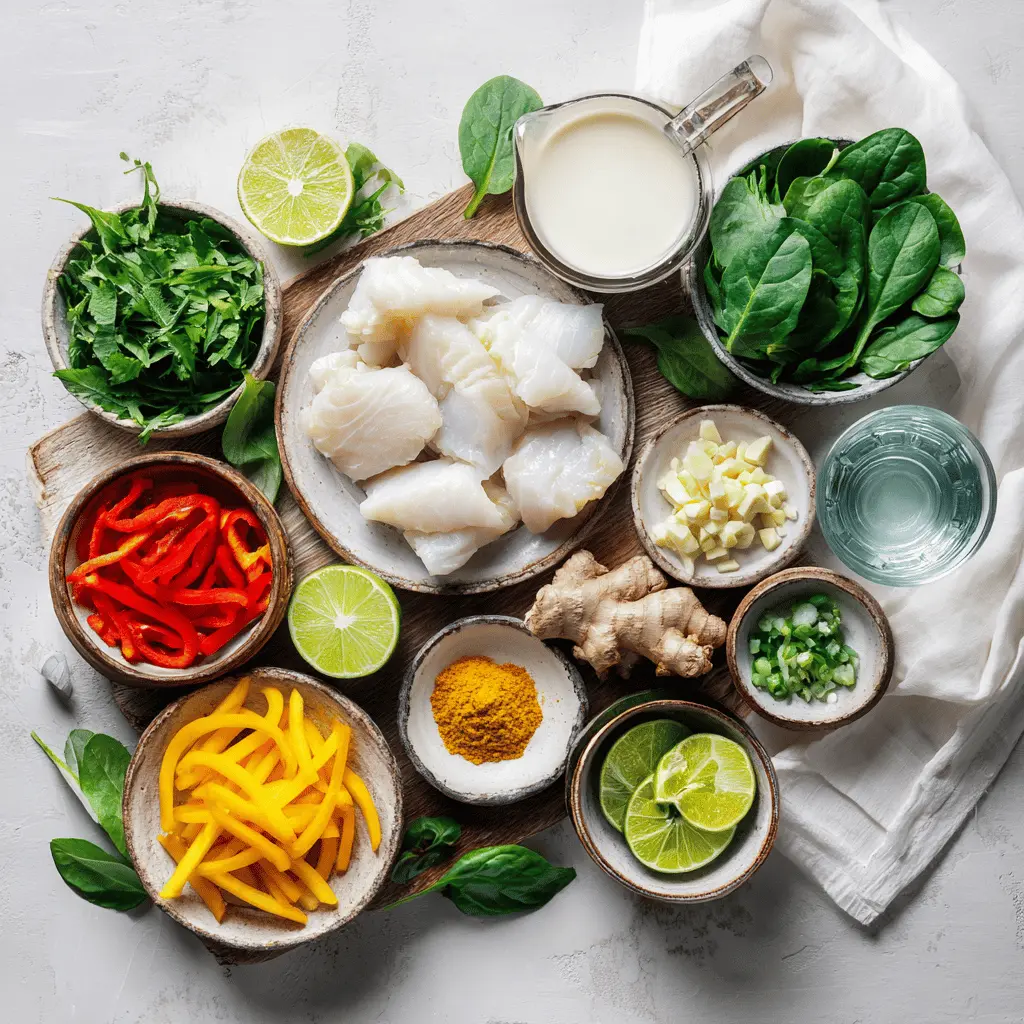 Zesty Coconut Lime Fish Soup Perfect for Any Day 2 Ingredients for Zesty Coconut Lime Fish Soup including white fish, coconut milk, vegetables, lime, and fresh herbs