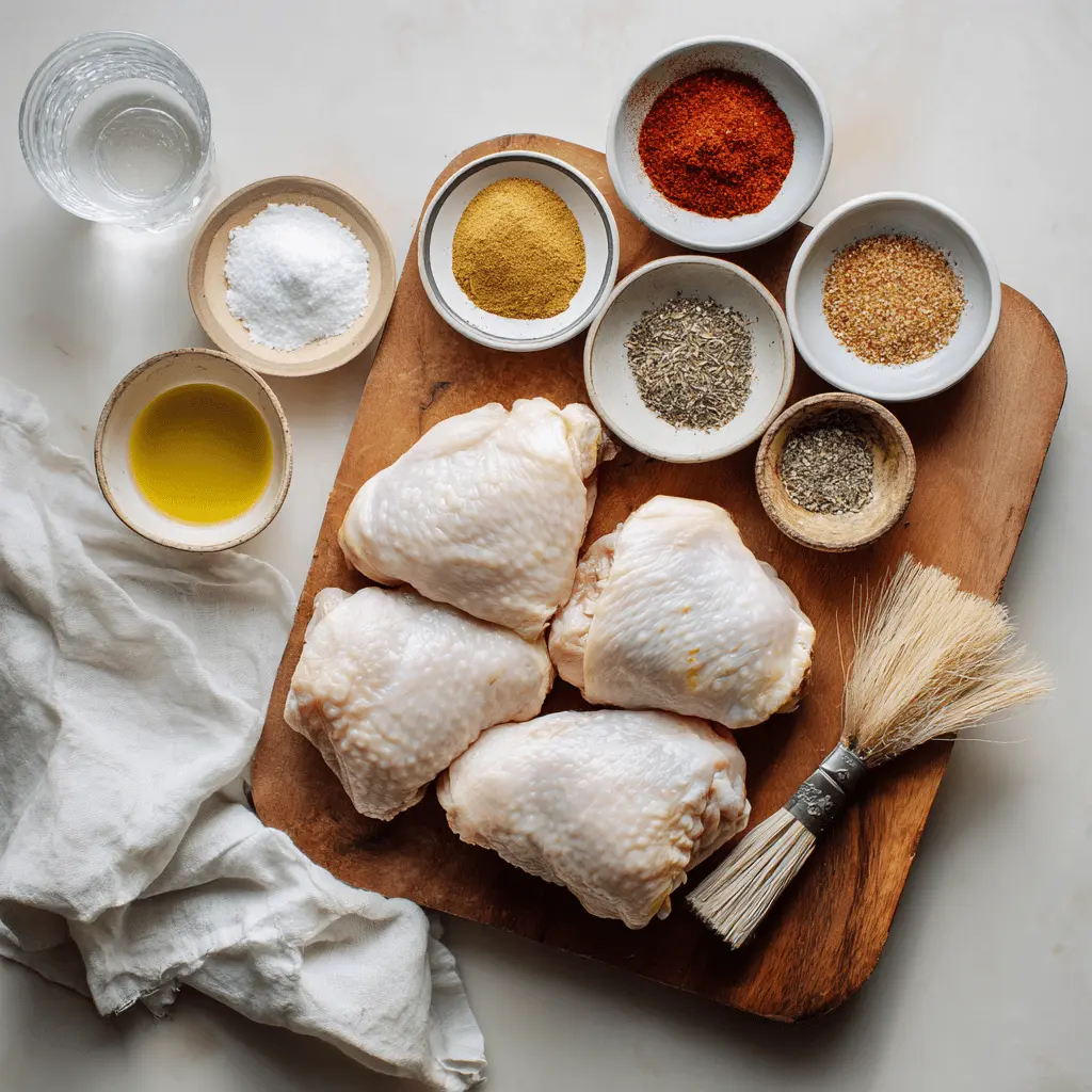 Ingredients for crispy chicken thighs including bone-in thighs and seasoning on a wooden board in natural light