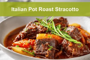 Italian Pot Roast Stracotto in rustic bowl on white cloth napkin with glass of water