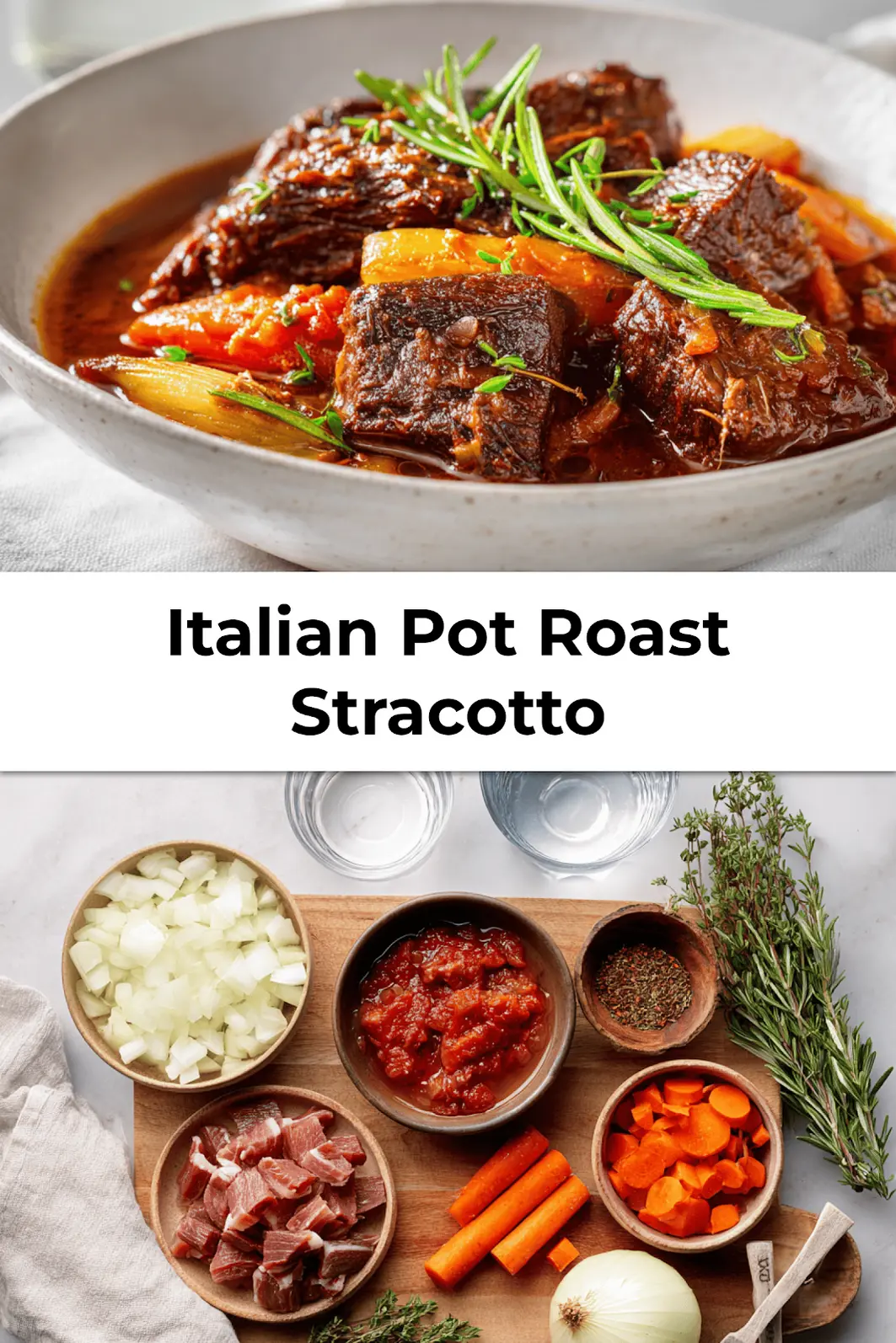 Plated Italian Pot Roast Stracotto ready to serve with polenta and greens on cozy rustic table_pin