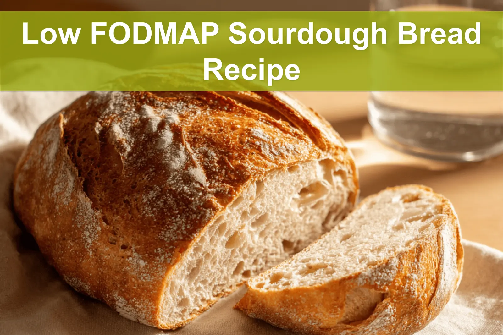 Low FODMAP Sourdough Bread Recipe finished loaf on white napkin and glass of water