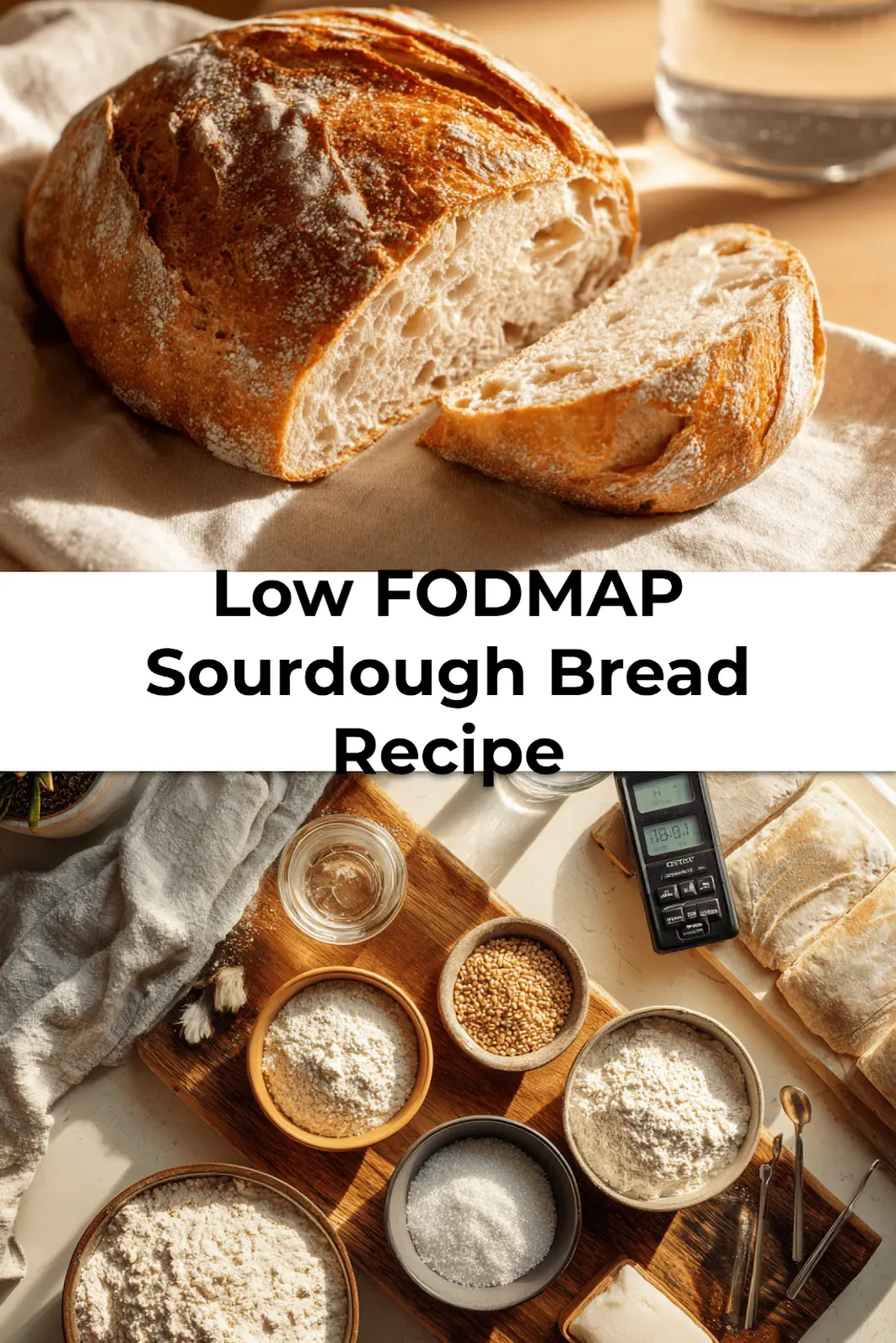 Pin this Low FODMAP sourdough bread recipe finished loaf on white napkin next to water for Pinterest