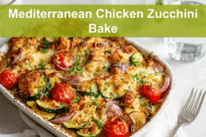 Mediterranean Chicken Zucchini Bake golden melted cheese zucchini cherry tomatoes herbs on cloth