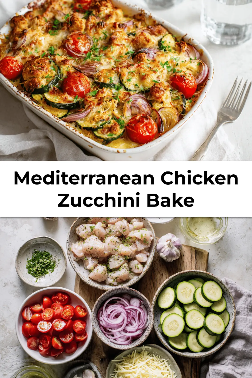 Overhead photo of Mediterranean Chicken Zucchini Bake recipe shown plated next to fresh herbs and lemon slices