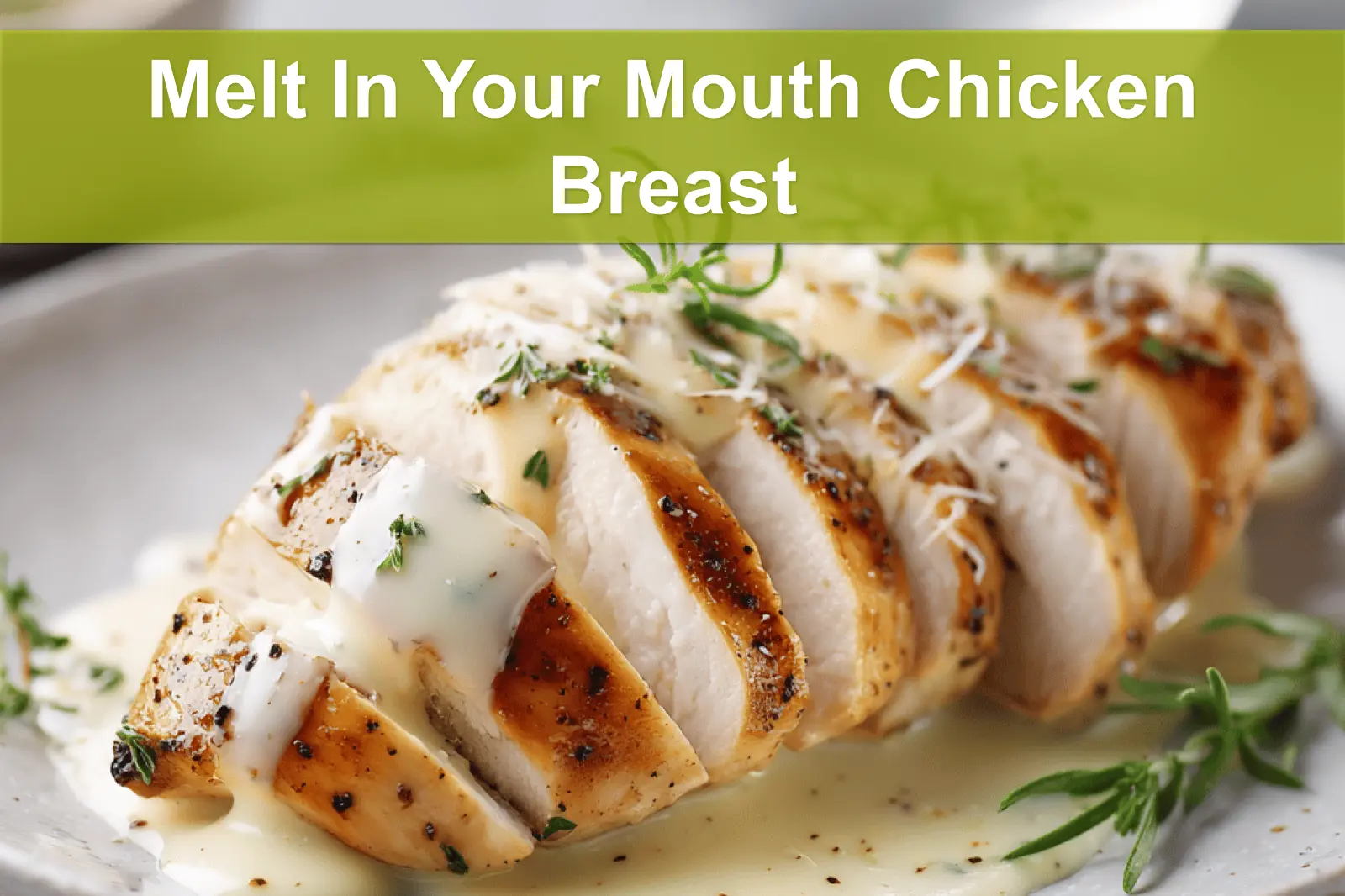 Melt In Your Mouth Chicken Breast plated with creamy white sauce and grated hard cheese warm lighting