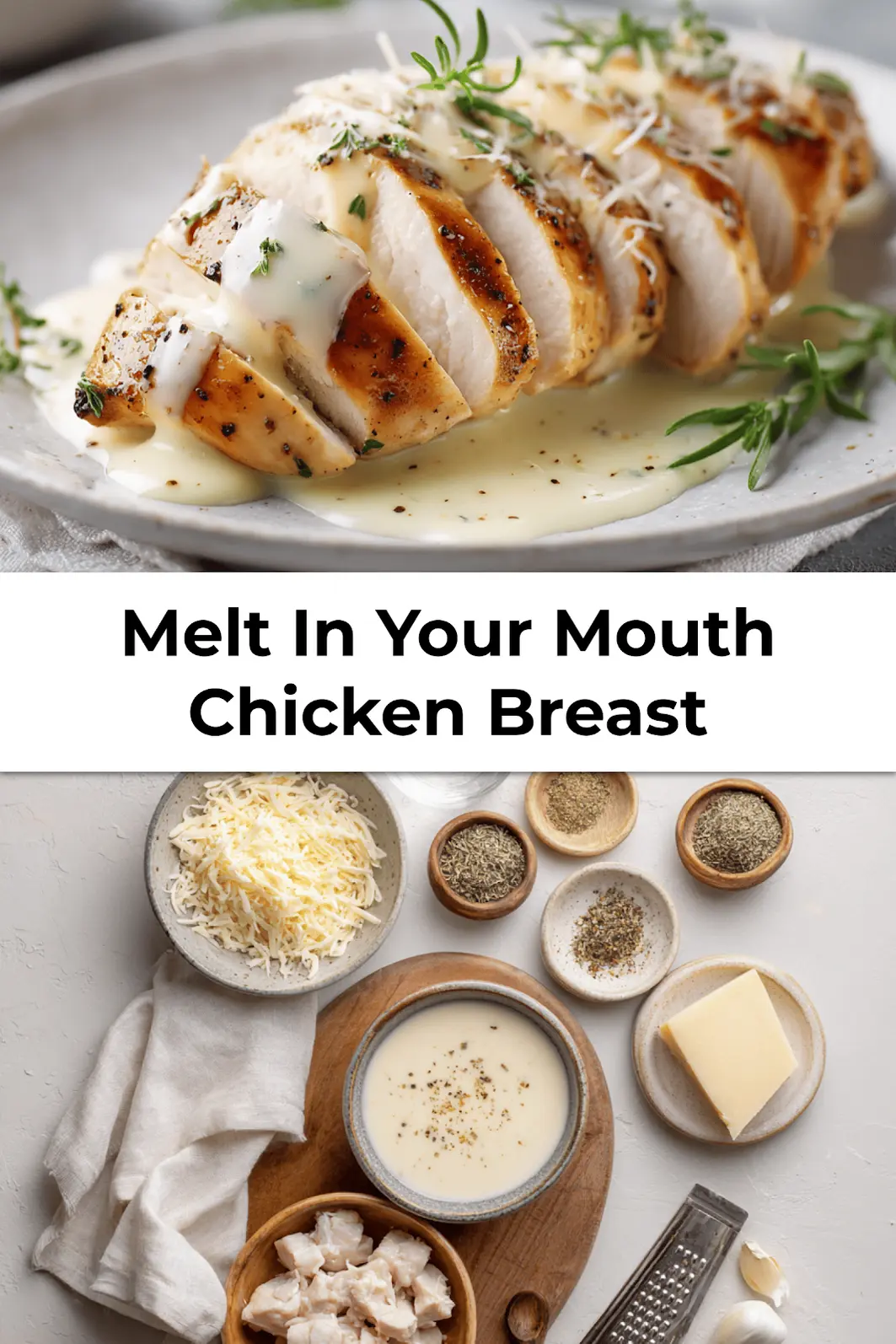 Final dish of Melt In Your Mouth Chicken Breast topped with creamy Parmesan crust, served on a plate with fresh parsley garnish